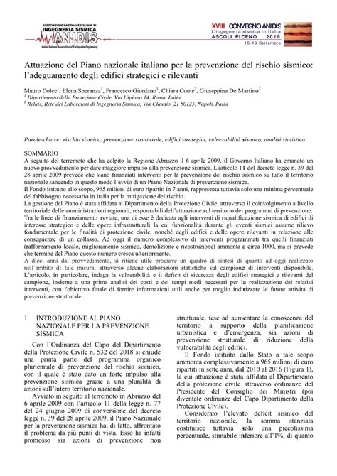 Pdf Attuazione Del Piano Nazionale Italiano Per La Prevenzione Del Rischio Sismico L