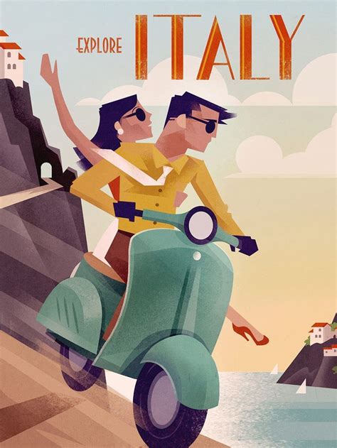 Affiche Rétro Vintage Voyage En Italie Jeune Couple Sur La Vespa