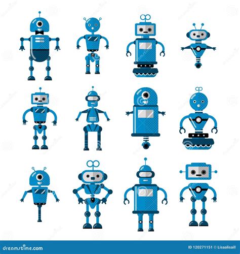 Set Of Vector Robots In Flat Cartoon Style Cute Cartoon Robotic