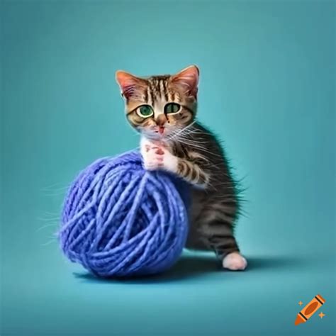 Cat Playing With A Blue Ball Of Yarn On Craiyon