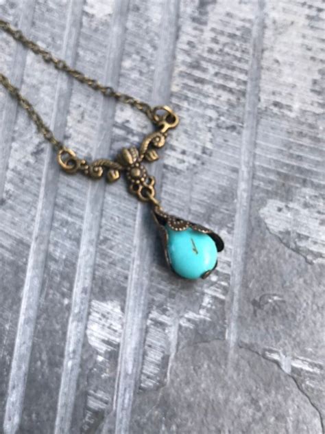 Turquoise Teardrop Necklace Antiqued Bronze Chain With Etsy