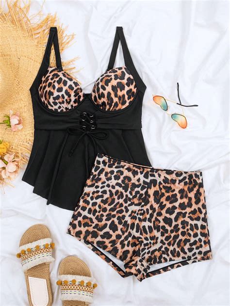 Shein Swim Lushore Leopard Print Knot Front Push Up Bikini Swimsuit