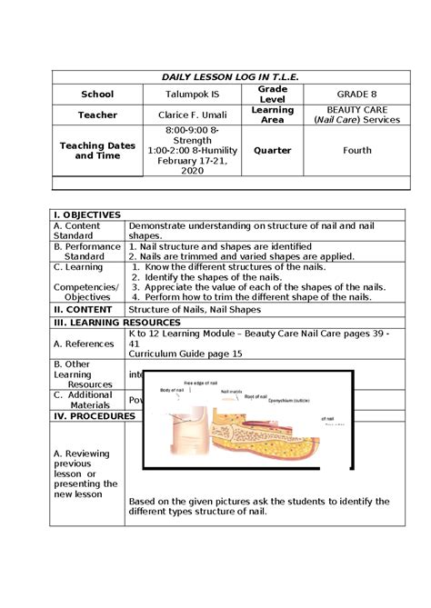 Cot1 Plan Class Observation Tool Daily Lesson Log In T L School Talumpok Is Grade Level