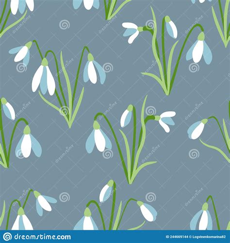 Snowdrops Seamless Pattern Galanthus And Liverwort On A Blue