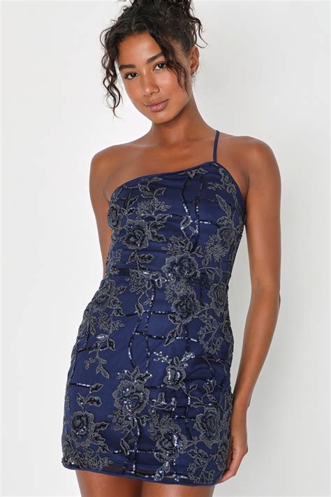 Blue Embroidered Dress Sequin Dress One Shoulder Mini Dress Lulus