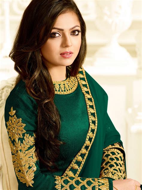 Buy Drashti Dhami Bottle Green Color Silk Party Wear Anarkali Kameez In