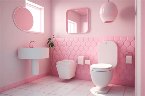 A Pink Bathroom With A Toilet And A Sink With A Mirror Above It