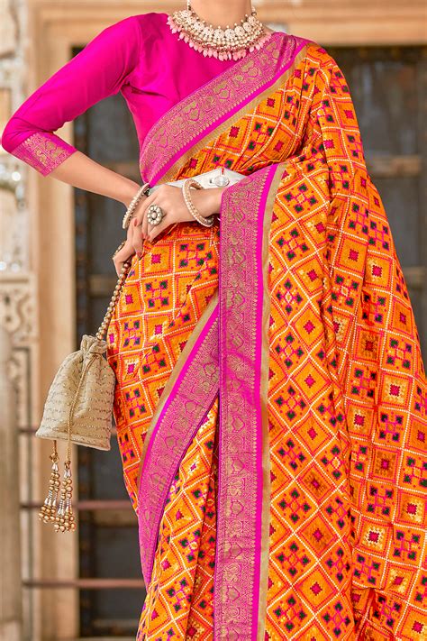 Orange Toned Woven Patola Silk Saree Shangrila Designer