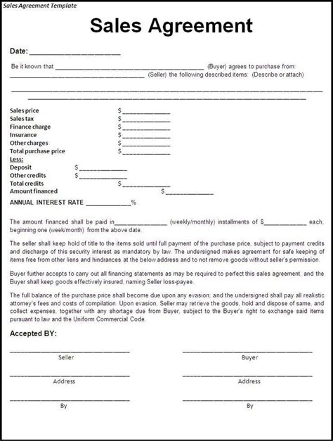 Sale Agreement Form Contract Template Purchase Agreement Pertaining