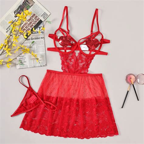 Valentines Day Sexy Lingerie Red Lace Sex Lingerie Women Erotic Cut Out One Pc Push Up Slip