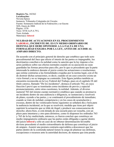 Nulidad De Actuaciones En El Procedimiento Laboral Incidente De Es