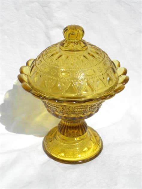 Vintage Kemple Wheaton Amber Glass Lace And Dewdrop Pedestal Covered Candy Dish Ebay