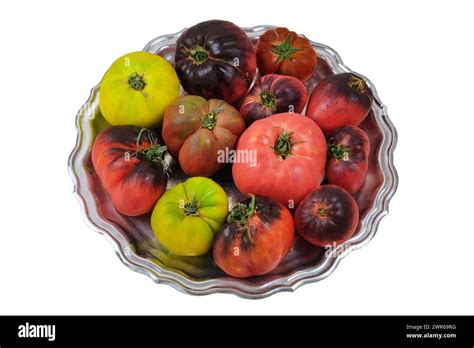 Tomatoes In A Metal Plate Isolate On White Background Variety Tomatoes In Rustic Bowl Stock