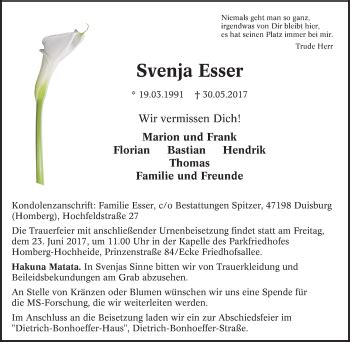 Traueranzeigen Von Svenja Esser Trauer In NRW De