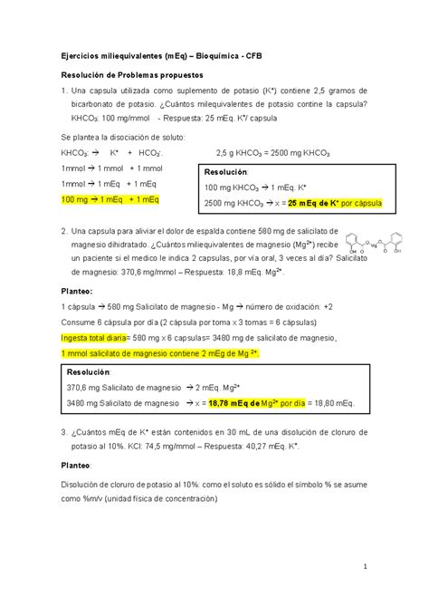 Ejercicios Resueltos De Miliequivalentes Ejercicios Miliequivalentes