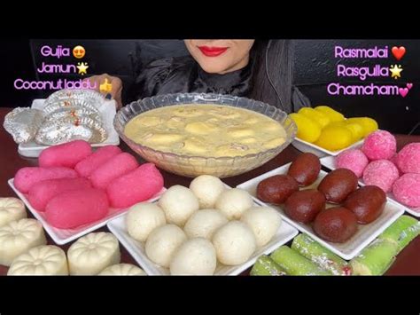 Asmr Eating Rasmalai Rasgulla Gujia Long Jamun Milkpeda Coconut Laddu