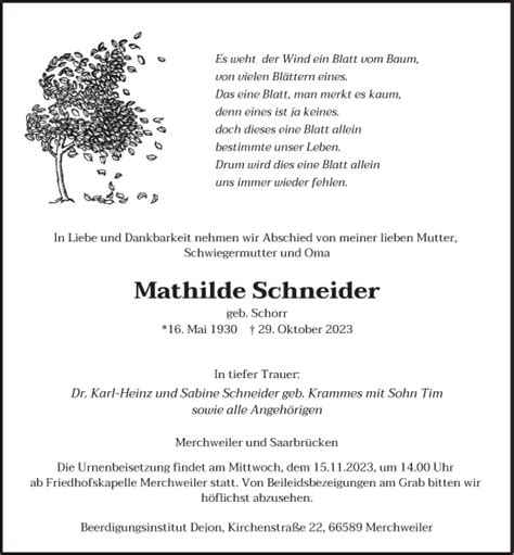 Traueranzeigen Von Mathilde Schneider Saarbruecker Zeitung Trauer De