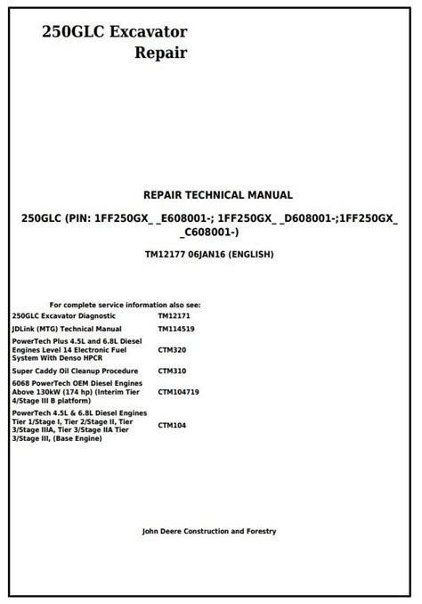 John Deere Glc Excavator Repair Technical Manual Tm