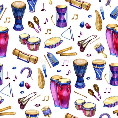 Seamless Pattern With Drums In Watercolor Style On White Background