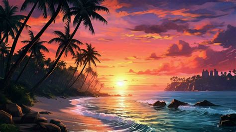 a beach with palm trees and a sunset 30646893 Stock Photo at Vecteezy