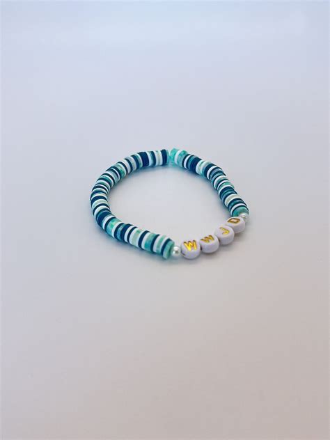 Heishi Wwjd Bracelet Blue Teal And White Clay Bead Summer Preppy