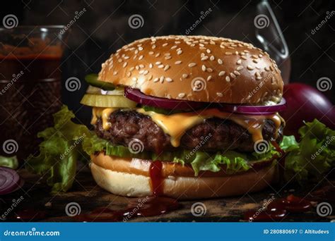 Classic Burger Juicy And Messy With Ketchup Mustard And Pickles Stock