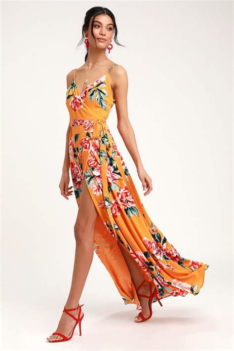 Floral Flirtation Orange Floral Print Wrap Maxi Dress Trendy Dresses