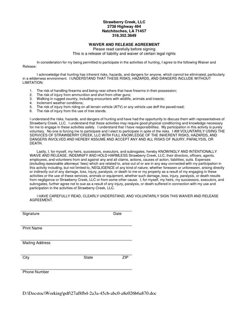 Liability Waiver Form Sample Free Printable Documents