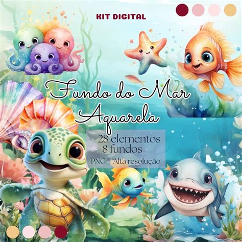 Kit Digital Fundo do Mar Aquarelado – Naty Costa | Doces Desenhos