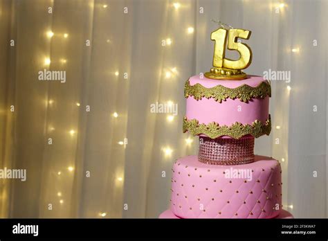 Pink Party Cake 15th Birthday With Golden Number Fifteen Pink Cake