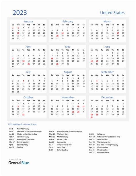 Basic Yearly Calendar with Holidays in United States for 2023