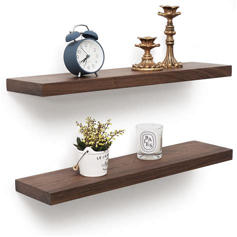 Axeman Walnut Floating Shelves 24 Inch Solid Wood Wall Mounted Shelves Set Of 2 Natural Wooden