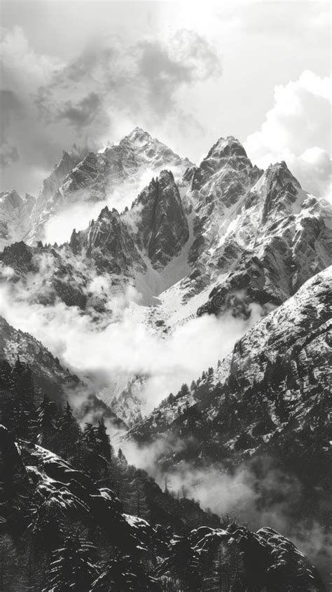 Snow Capped Mountain Peaks With Misty Clouds And Pine Forest Stock