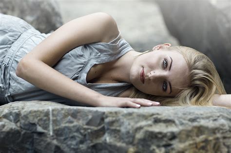 Women Blonde Face Lying On Side Blue Eyes Pierced Nose Cleavage