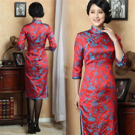 Blue Floral Red Silk Brocade Traditional Qipao Chinese Quarter Long