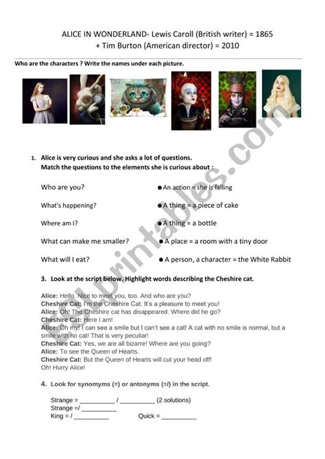 Alice In Wonderland Meeting The Cheshire Cat Esl Worksheet By Vent07