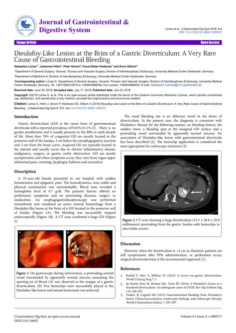 Pdf Dieulafoy Like Lesion At The Brim Of A Gastric Diverticulum A Very Rare Cause Of