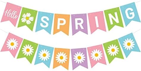 Hello Spring Banner Colorful Spring Flower Hanging Swirls Spring Sun Flowers Daisy