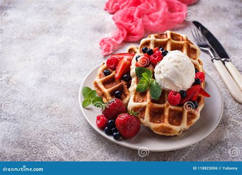 Belgium Waffles With Berries And Ice Cream Stock Photo Image Of Berry