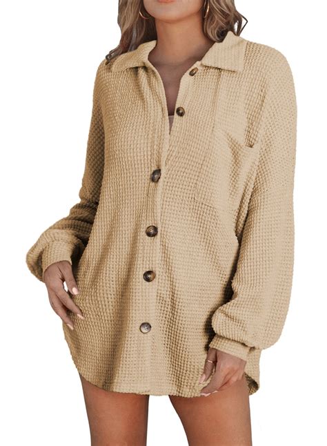 Shewin Womens Oversized Shacket Waffle Knit Jacket For Women Casual Long Sleeve Button Down