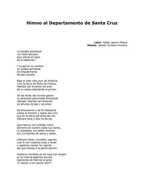 Himno al Departamento de Santa Cruz Y surgió en su sombra un pueblo