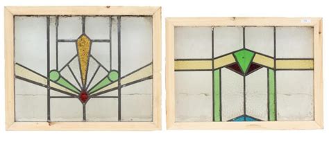 Pair Of Stained Glass Panels Art Deco Motif Yellow Green Orange Red Blue Wooden Frame