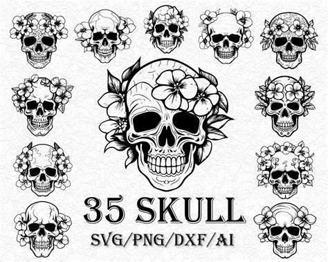 35 Skull Flowers Svg Bundle Skull Png Files Sugar Skulls Svg Skull Clipart Svg For Cricut