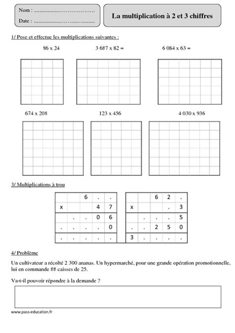 Multiplication à 2 et 3 chiffres Cm2 Révisions à imprimer Pass