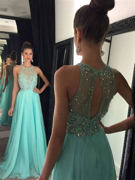 A Line Scoop Neck Chiffon Sweep Train Beading Prom Dresses