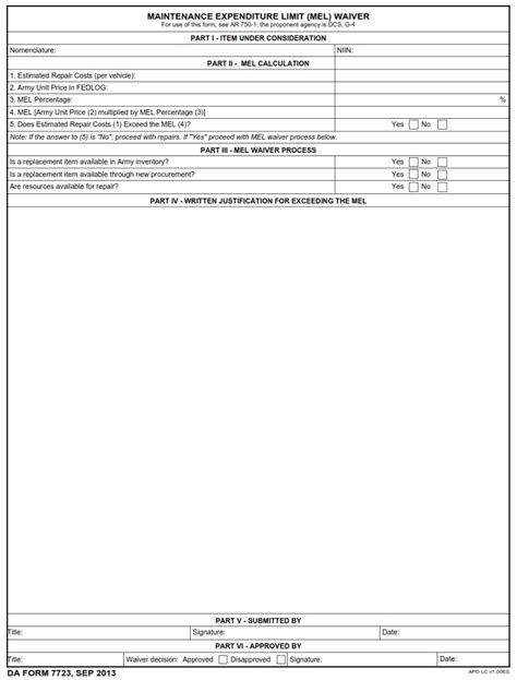 Da Form 7723 Maintenance Expenditure Limit Mel Waiver Army Pubs