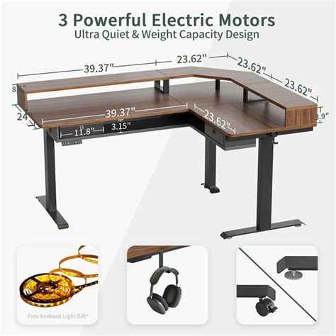 Fezibo Triple Motor L Shaped Standing Desk With Monitor Stand Drawer