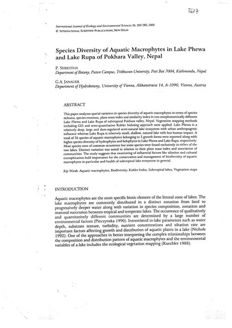 Pdf Species Diversity Of Aquatic Macrophytes In Lake Phewa And Lake