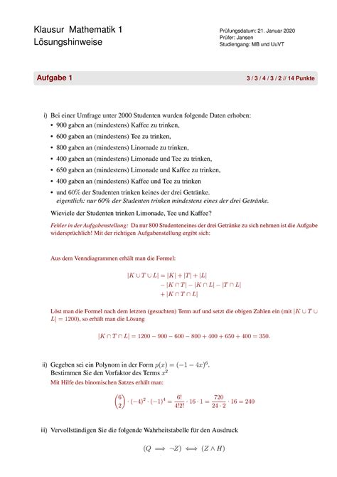 Mathe Musterklausur mit Lösung WS 19 20 Klausur Mathematik 1