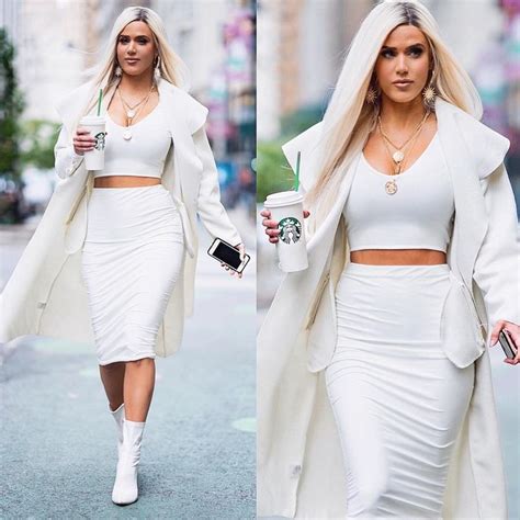 Two Pictures Of A Woman Walking Down The Street With A Cup Of Coffee In